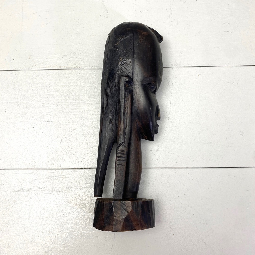 Vintage Carved Wood African Head Bust Sculpture Tribal Figurine Dark Hardwood